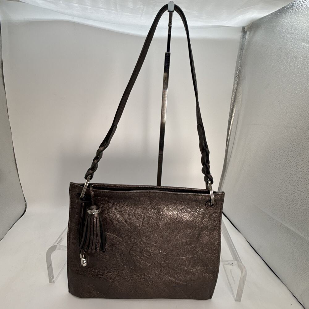 Brighton Piper Slim Bronze Brown Floral Embossed Leather Shoulder Bag + Fob